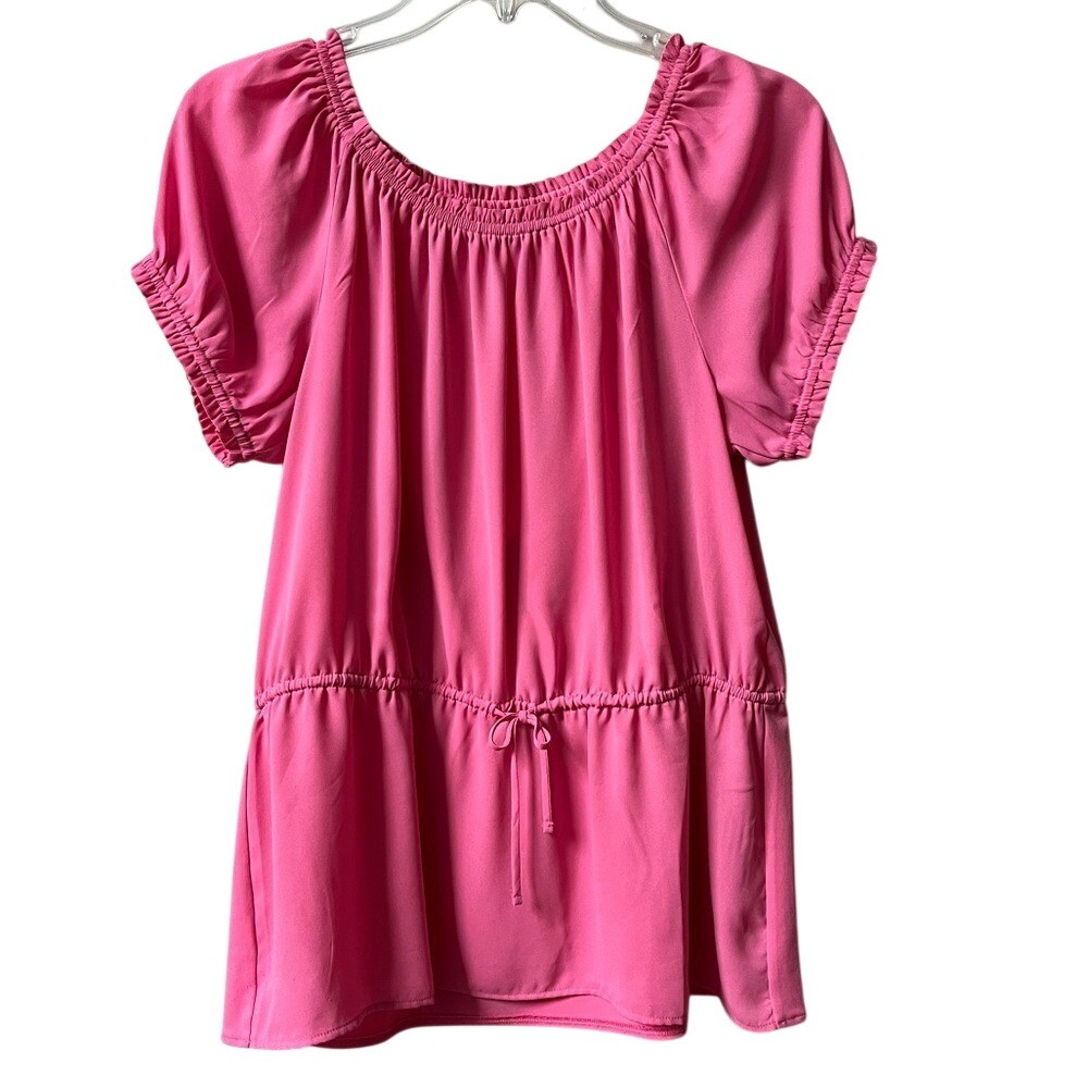 Ann Taylor Short Sleeve Tie Wsist Blouse Womens Small Pink Gathered Neckline